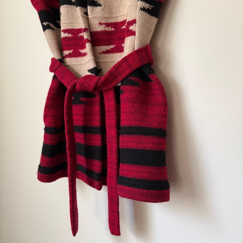 LRL Ralph Lauren Deep Red Native Tribal Aztec Sleeveless Knit Wrap Cardigan, S - Picture 8 of 16